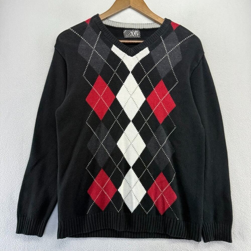 Vintage Extreme Gear Sweater Men's Large Black Diamond Argyle Grunge Skater y2k
